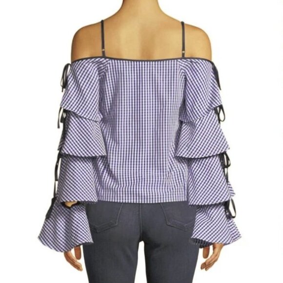 Free Generation Blue & White Gingham Print Top with Ruffle Tie Sleeves - Picture 2 of 8